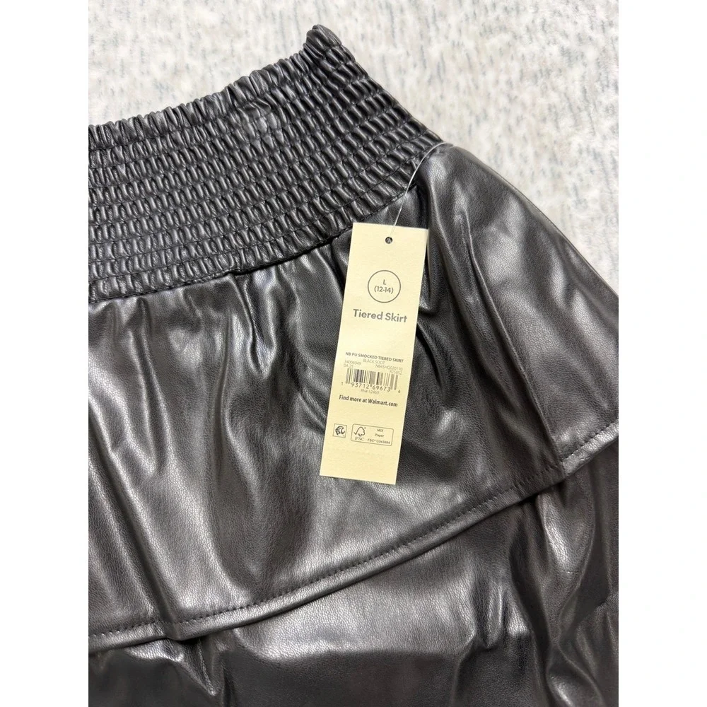 No Boundaries Black Faux Leather‎ Smocked Tiered Mini Skirt Size L 12-14 NEW